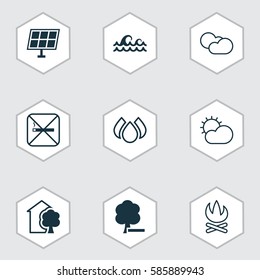 Set Of 9 Eco-Friendly Icons. Includes Sun Power, Aqua, Ocean Wave And Other Symbols. Beautiful Design Elements.