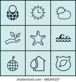 Set Of 9 Eco-Friendly Icons. Includes Sun Clock, Home, Sea Star And Other Symbols. Beautiful Design Elements.