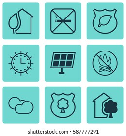 Set Of 9 Eco-Friendly Icons. Includes Timber, Sun Power, Cigarette And Other Symbols. Beautiful Design Elements.