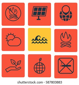 Set Of 9 Eco-Friendly Icons. Includes Save World, Fire Banned, Ocean Wave And Other Symbols. Beautiful Design Elements.