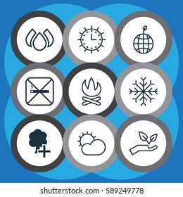 Set Of 9 Eco-Friendly Icons. Includes Insert Woods, Sun Clock, World Ecology And Other Symbols. Beautiful Design Elements.