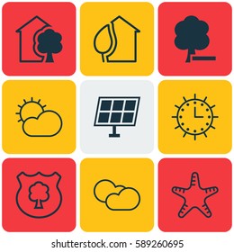 Set Of 9 Eco-Friendly Icons. Includes House, Clear Climate, Sea Star And Other Symbols. Beautiful Design Elements.