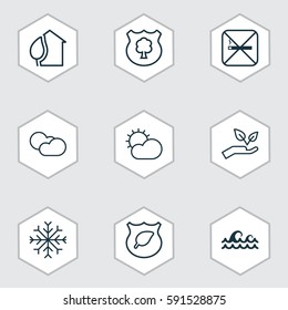 Set Of 9 Eco-Friendly Icons. Includes Snow, Clear Climate, Ocean Wave And Other Symbols. Beautiful Design Elements.