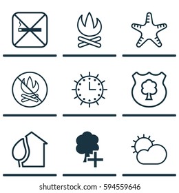 Set Of 9 Eco-Friendly Icons. Includes Home, Sun Clock, Fire Banned And Other Symbols. Beautiful Design Elements.