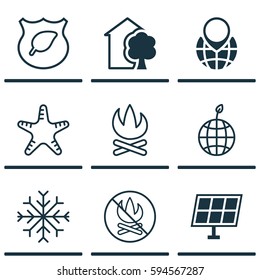 Set Of 9 Eco-Friendly Icons. Includes Snow, Fire Banned, House And Other Symbols. Beautiful Design Elements.