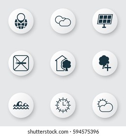 Set Of 9 Eco-Friendly Icons. Includes Cigarette, Sun Clock, Pin Earth And Other Symbols. Beautiful Design Elements.
