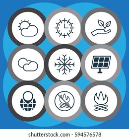 Set Of 9 Eco-Friendly Icons. Includes Pin Earth, Bonfire, Sun Clock And Other Symbols. Beautiful Design Elements.