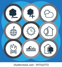 Set Of 9 Eco-Friendly Icons. Includes House, Sun Clock, Clear Climate And Other Symbols. Beautiful Design Elements.