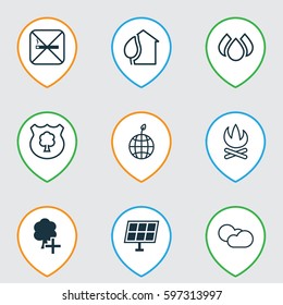 Set Of 9 Eco-Friendly Icons. Includes Insert Woods, Bonfire, Timber And Other Symbols. Beautiful Design Elements.