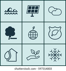 Set Of 9 Eco-Friendly Icons. Includes Delete Woods, Home, Sun Power And Other Symbols. Beautiful Design Elements.
