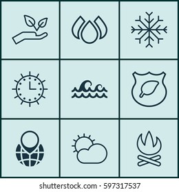 Set Of 9 Eco-Friendly Icons. Includes Sun Clock, Save World, Ocean Wave And Other Symbols. Beautiful Design Elements.