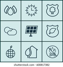 Set Of 9 Eco-Friendly Icons. Includes Cloud Cumulus, Sun Clock, Guard Tree And Other Symbols. Beautiful Design Elements.