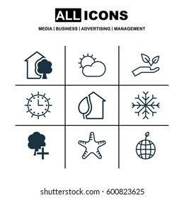 Set Of 9 Eco-Friendly Icons. Includes Clear Climate, Sun Clock, Snow And Other Symbols. Beautiful Design Elements.