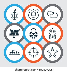 Set Of 9 Eco-Friendly Icons. Includes Sun Clock, World Ecology, Pin Earth And Other Symbols. Beautiful Design Elements.