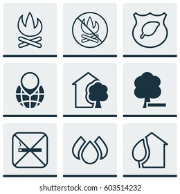 Set Of 9 Eco-Friendly Icons. Includes Cigarette, Delete Woods, Guard Tree And Other Symbols. Beautiful Design Elements.