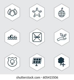 Set Of 9 Eco-Friendly Icons. Includes Timber, Sun Power, Sea Star And Other Symbols. Beautiful Design Elements.