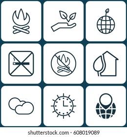 Set Of 9 Eco-Friendly Icons. Includes World Ecology, Sun Clock, Home And Other Symbols. Beautiful Design Elements.