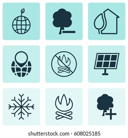 Set Of 9 Eco-Friendly Icons. Includes Pin Earth, Sun Power, Snow And Other Symbols. Beautiful Design Elements.