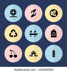 Set of 9 ecology filled icons such as trash bag, globe, plant, leaf, hand with seeds, house, cherry