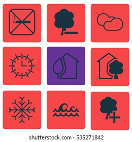 Set Of 9 Ecology Icons. Includes Ocean Wave, Delete Woods, House And Other Symbols. Beautiful Design Elements.