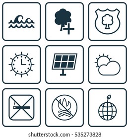 Set Of 9 Ecology Icons. Includes Sun Power, Insert Woods, World Ecology And Other Symbols. Beautiful Design Elements.