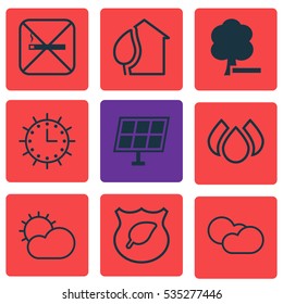 Set Of 9 Ecology Icons. Includes Guard Tree, Delete Woods, Sun Clock And Other Symbols. Beautiful Design Elements.