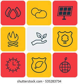 Set Of 9 Ecology Icons. Includes World Ecology, Save World, Sun Clock And Other Symbols. Beautiful Design Elements.