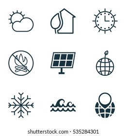 Set Of 9 Ecology Icons. Includes Fire Banned, Home, Winter Star And Other Symbols. Beautiful Design Elements.