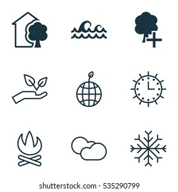 Set Of 9 Ecology Icons. Includes World Ecology, House, Sun Clock And Other Symbols. Beautiful Design Elements.