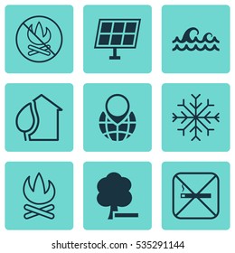 Set Of 9 Ecology Icons. Includes Pin Earth, Ocean Wave, Delete Woods And Other Symbols. Beautiful Design Elements.