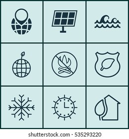 Set Of 9 Ecology Icons. Includes Guard Tree, Sun Clock, Home And Other Symbols. Beautiful Design Elements.