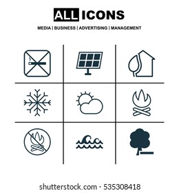 Set Of 9 Ecology Icons. Includes Ocean Wave, Sun Power, Delete Woods And Other Symbols. Beautiful Design Elements.