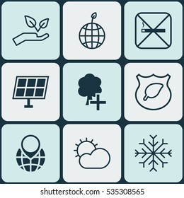 Set Of 9 Ecology Icons. Includes Clear Climate, Cigarette, Save World And Other Symbols. Beautiful Design Elements.