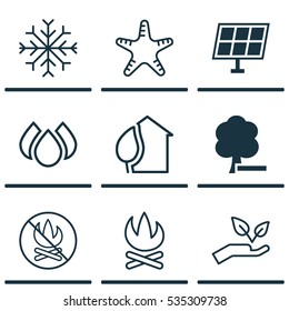 Set Of 9 Ecology Icons. Includes Save World, Aqua, Bonfire And Other Symbols. Beautiful Design Elements.
