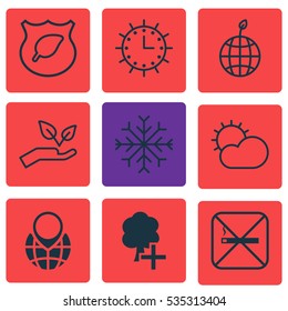 Set Of 9 Ecology Icons. Includes Sun Clock, Save World, Guard Tree And Other Symbols. Beautiful Design Elements.