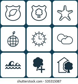 Set Of 9 Ecology Icons. Includes Sun Clock, Sea Star, World Ecology And Other Symbols. Beautiful Design Elements.