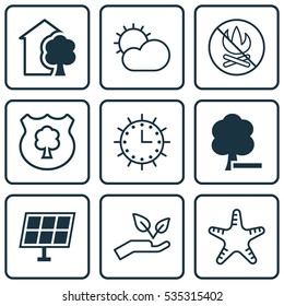 Set Of 9 Ecology Icons. Includes Delete Woods, House, Sun Clock And Other Symbols. Beautiful Design Elements.