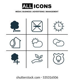 Set Of 9 Ecology Icons. Includes Clear Climate, Timber, Insert Woods And Other Symbols. Beautiful Design Elements.