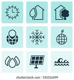 Set Of 9 Ecology Icons. Includes Home, World Ecology, Sun Clock And Other Symbols. Beautiful Design Elements.