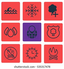 Set Of 9 Ecology Icons. Includes Ocean Wave, Sun Clock, Winter Star And Other Symbols. Beautiful Design Elements.