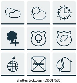 Set Of 9 Ecology Icons. Includes Timber, World Ecology, Clear Climate And Other Symbols. Beautiful Design Elements.