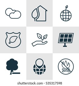 Set Of 9 Ecology Icons. Includes Delete Woods, Fire Banned, Home And Other Symbols. Beautiful Design Elements.