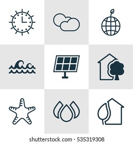 Set Of 9 Ecology Icons. Includes Sun Clock, World Ecology, House And Other Symbols. Beautiful Design Elements.