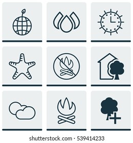 Set Of 9 Ecology Icons. Includes Aqua, Cloud Cumulus, Sea Star And Other Symbols. Beautiful Design Elements.