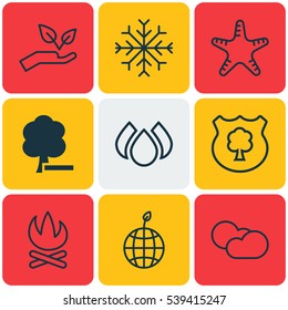 Set Of 9 Ecology Icons. Includes Aqua, Bonfire, Cloud Cumulus And Other Symbols. Beautiful Design Elements.