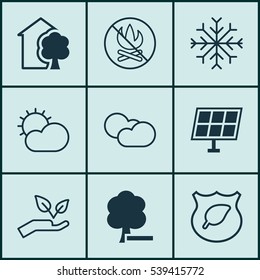 Set Of 9 Ecology Icons. Includes Delete Woods, Sun Power, Cloud Cumulus And Other Symbols. Beautiful Design Elements.