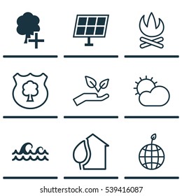 Set Of 9 Ecology Icons. Includes Sun Power, Ocean Wave, Bonfire And Other Symbols. Beautiful Design Elements.
