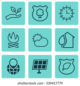 Set Of 9 Ecology Icons. Includes Home, Save World, Guard Tree And Other Symbols. Beautiful Design Elements.