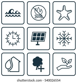 Set Of 9 Ecology Icons. Includes Sun Clock, Insert Woods, Snow And Other Symbols. Beautiful Design Elements.