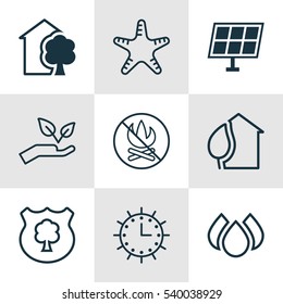 Set Of 9 Ecology Icons. Includes House, Home, Sun Clock And Other Symbols. Beautiful Design Elements.